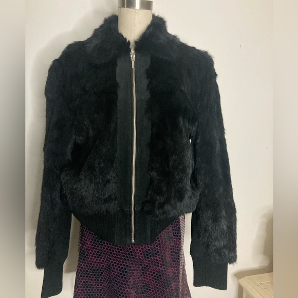 Vtg y2k 90s black rabbit fur bomber jacket - Picture 8 of 8